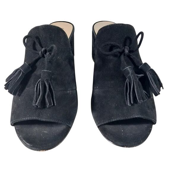 KARL LAGERFELD! BLACK GENUINE SUEDE LEATHER BOW & TASSEL PEEP TOE MULES! SZ 8M - Picture 5 of 10